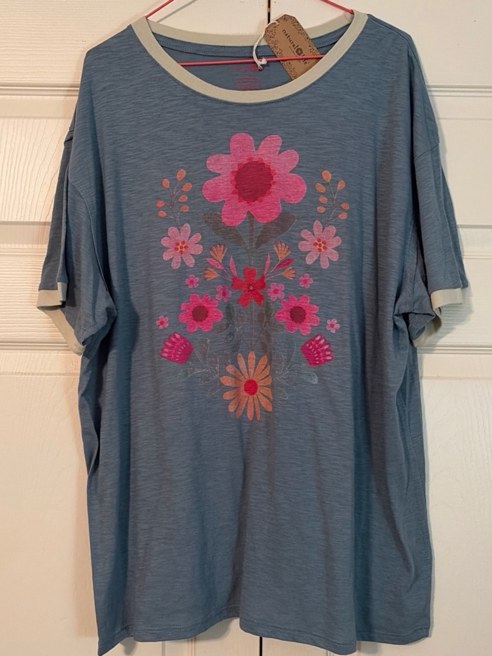 NATURAL LIFE BLUE/GRAY FOLL FLORAL RINGER OVERSIZED TEE (SMALL)